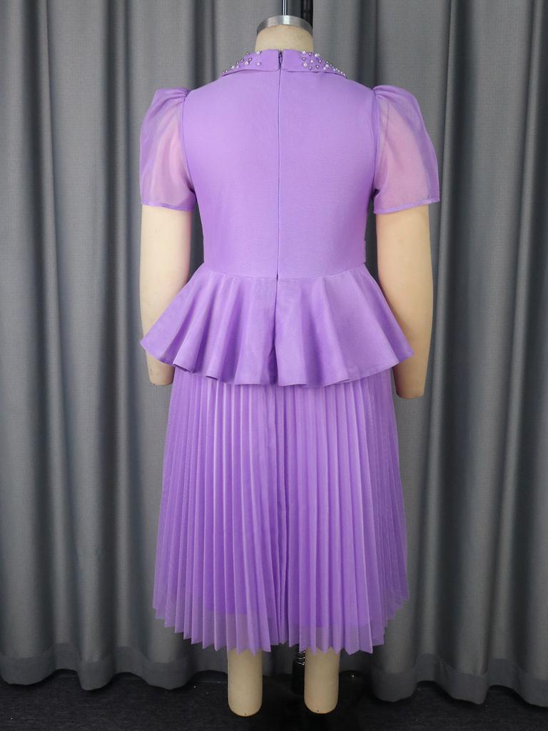Lavender Elegant Women Pleated Midi Dress with Sashes Turn-Down Collar Beading Knee-Length A Line for Party Formal Gathering