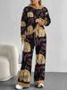 European, American autumn and winter blue splicing flower casual long-sleeved suit women's hooded sweater trousers two-piece set