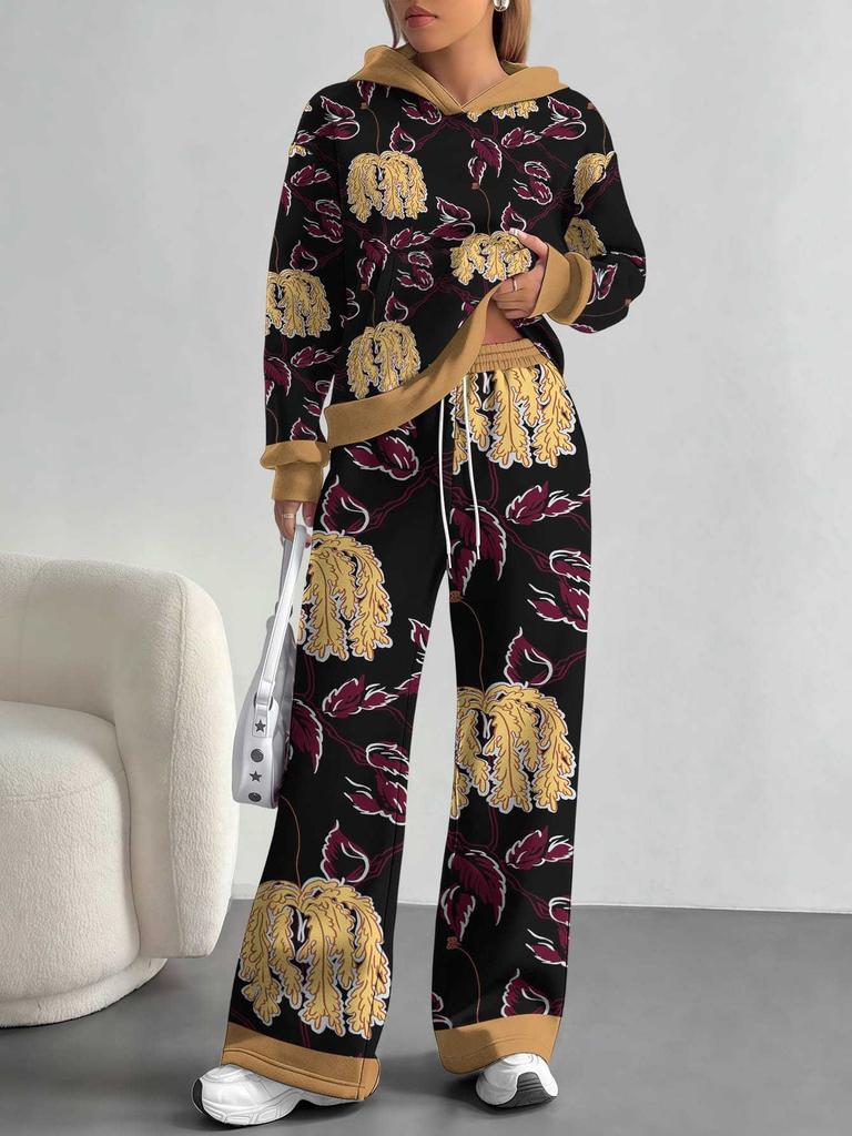European, American autumn and winter blue splicing flower casual long-sleeved suit women's hooded sweater trousers two-piece set