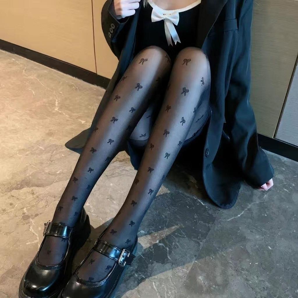 Black Bowknot Stockings Thin Summer Hot Girl Black Silk Jacquard Student Versatile Pantyhose