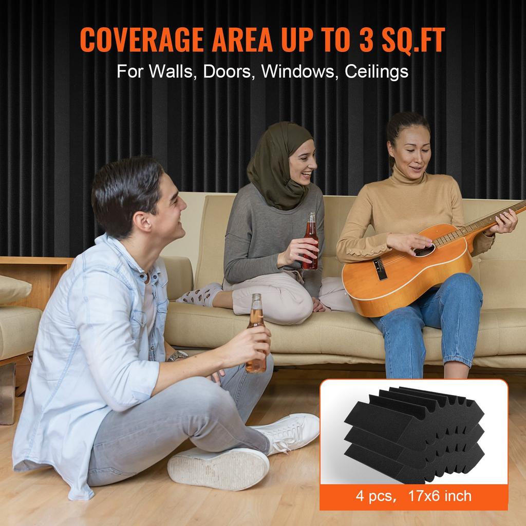 VEVOR Acoustic Foam Panels, 4 Pack 16.5 X 6.3 X 12 Inches, Adhesive High Density Soundproof Wall Panels