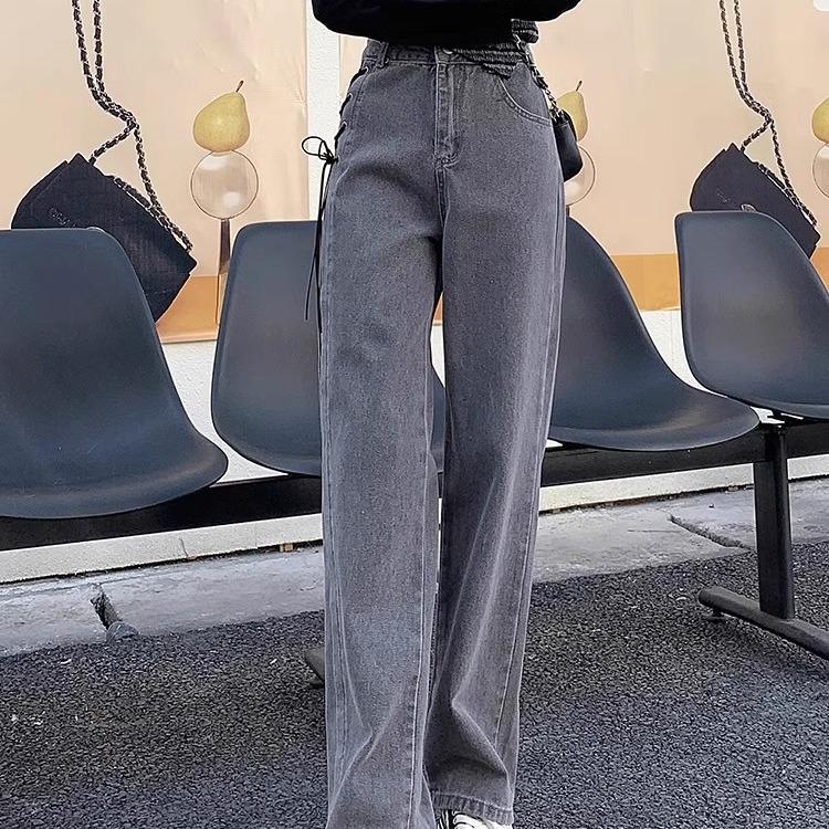 Dámské podzimní korejský styl kouřově šedé džíny s vysokým pasem na zavazování a širokými nohavicemi