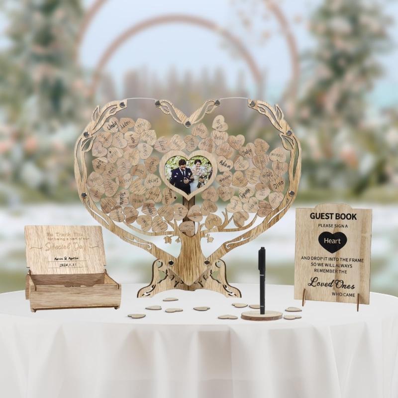 Romantics Wooden Wedding Guest Book With Heart Picture Frame For Bridals Shower And Anniversary Celebration