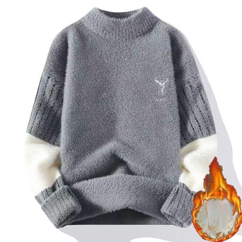 Panelled Anti-Pilling Sweater Men Casual Thicken Winter Half High Collar Knitted Long Sleeve Bottoming Shirt Printing Pullovers