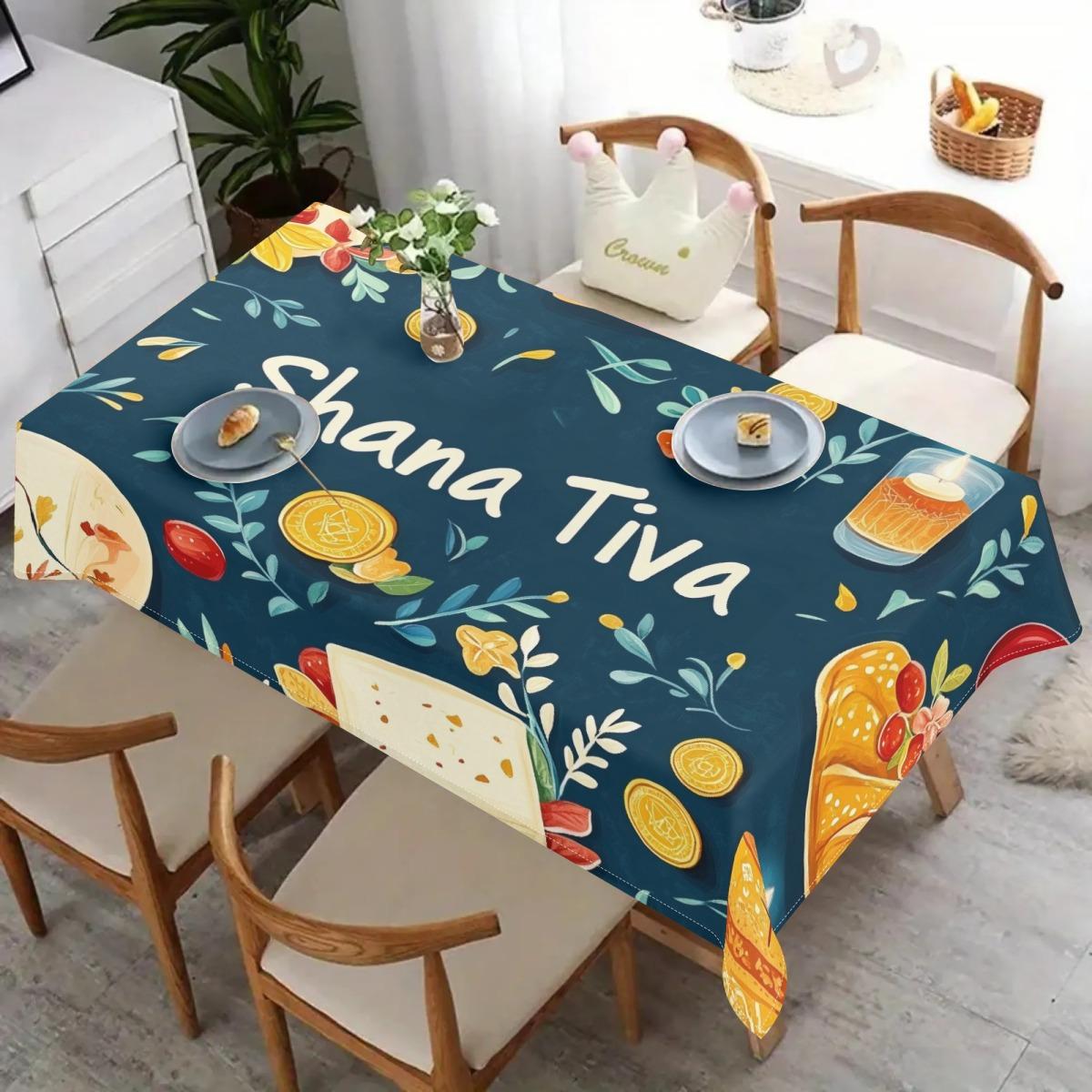 Nappe rectangulaire Shana Tova pour décoration de table Rosh Hashanah Pot à miel Nappe de table de cuisine et de salle à manger Décoration de fête juive Fiesta 140x140cm