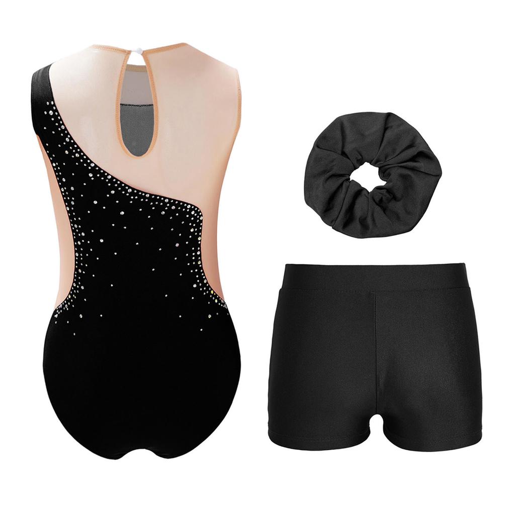 Kids Sparkly Rhinestone Embellished Sheer Mesh Leotard Paired with V Front Shorts and Headpiece for Dance
