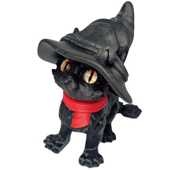3D Printed Articulated Cat Wizard Hat Cat Ornament Wearing Red Scarf Big Eyes Cat Fidget Toy with Flexible Joints for Stress Relief Desktop Decoration