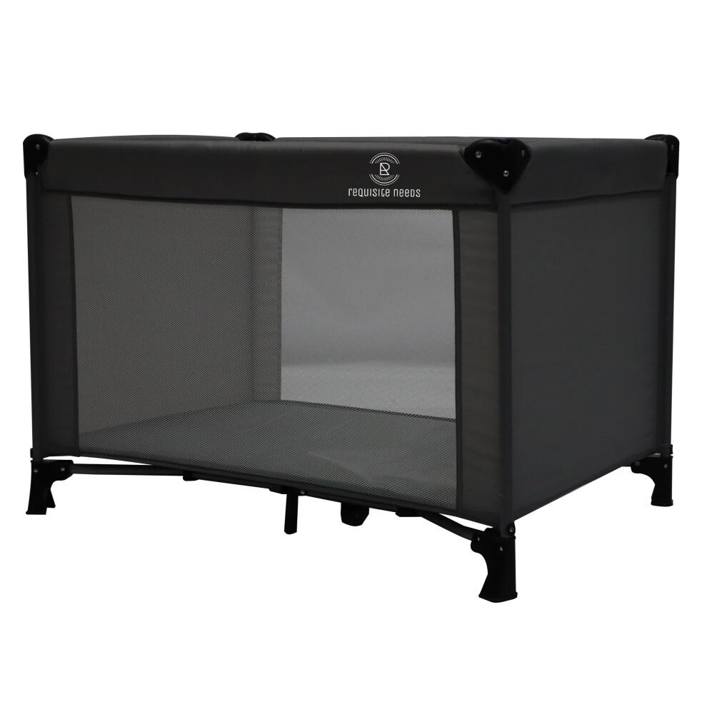 REQUISITE NEEDS Travel Cot, Padded Mattress, Birth to 15kg, Compact Folding Design with Travel Bag (Black)