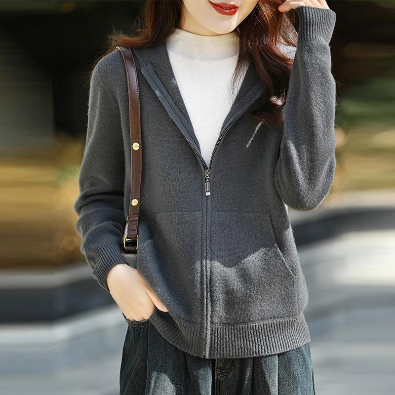 Korean Style 2026 Autumn/Winter Zipper Pocket Knit Hooded Jacket - Casual Loose Long Sleeve Outerwear
