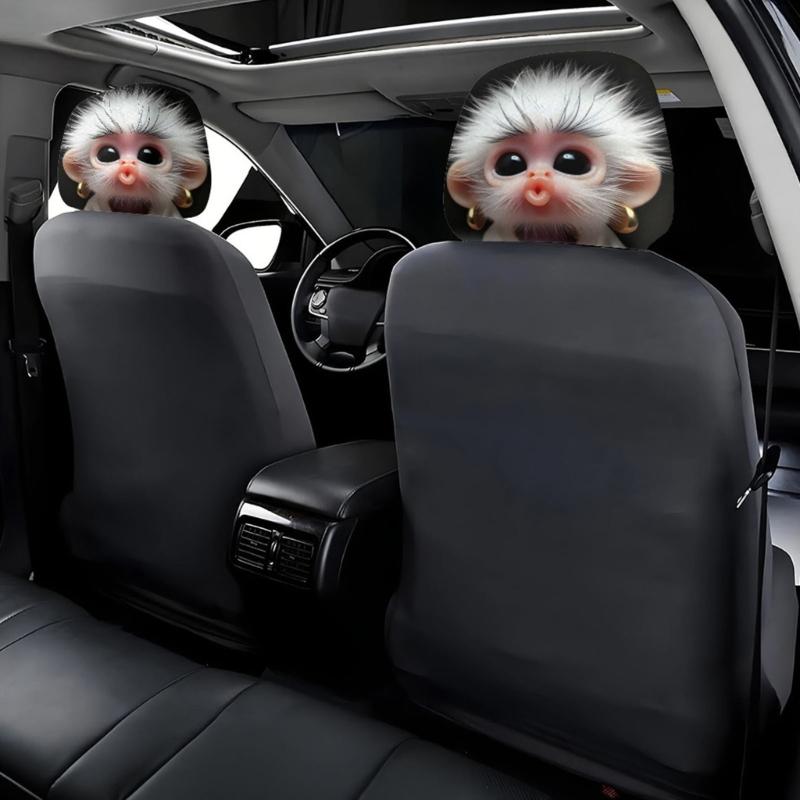 Vehicle Headrest Cover Pair, Monkey Print Polyester Car Headrest Slipcover Set for Plain Headrests During Daily Drives, Family Use, and Ride Share Use