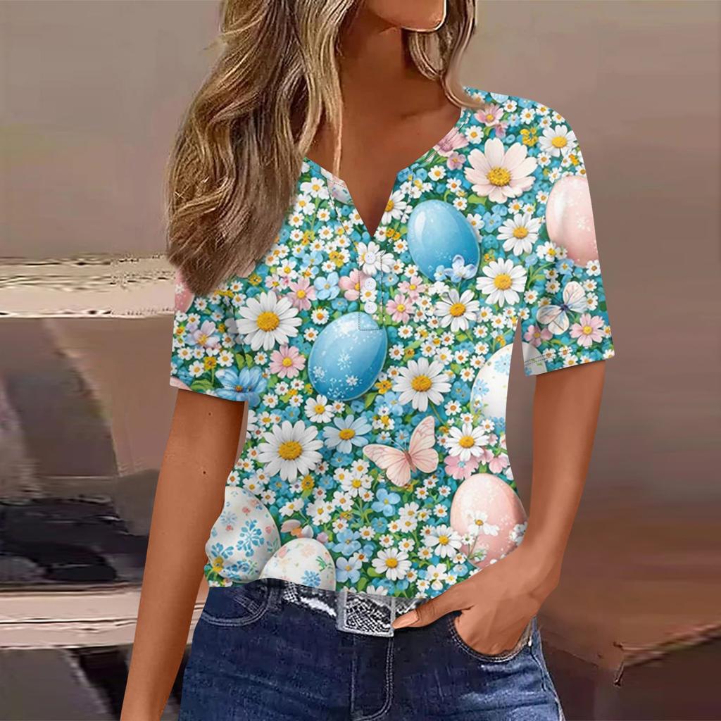 Tricou damă, tricou cu imprimeu, nasturi, mânecă scurtă, tunică, modă zilnică de weekend, top simplu cu decolteu în V, stil regulat
