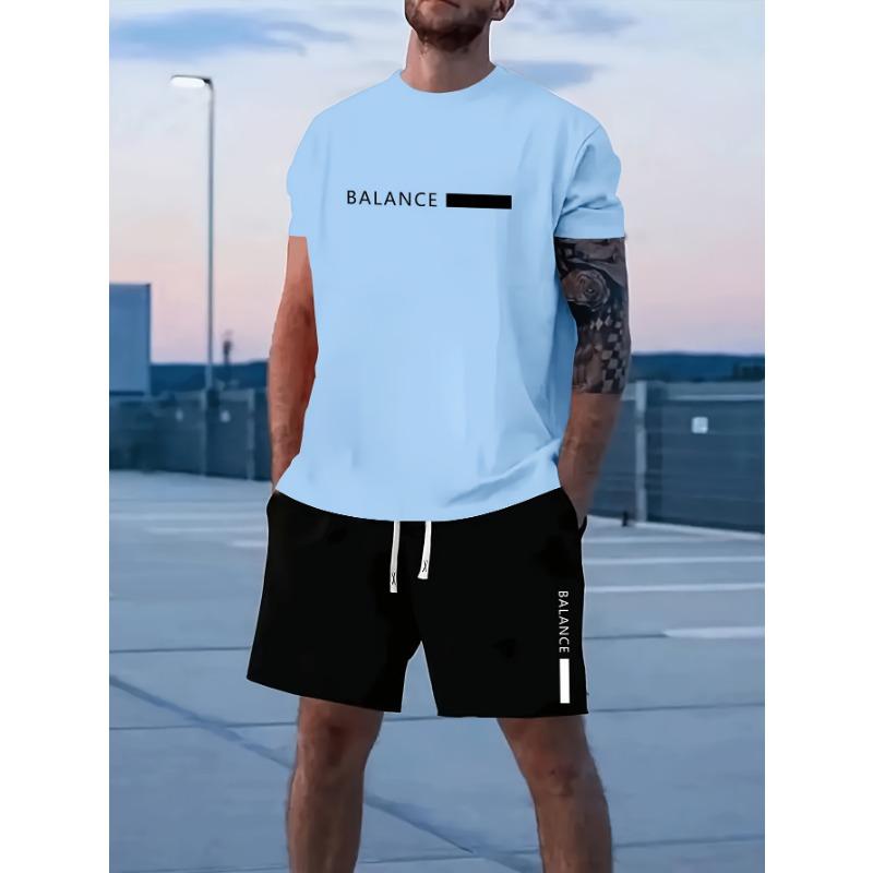 2026 Casual Men's Set Summer Apparel Color-Blocked Short-Sleeve Top Relaxed Drawstring Shorts Stylish Streetwear Ensemble