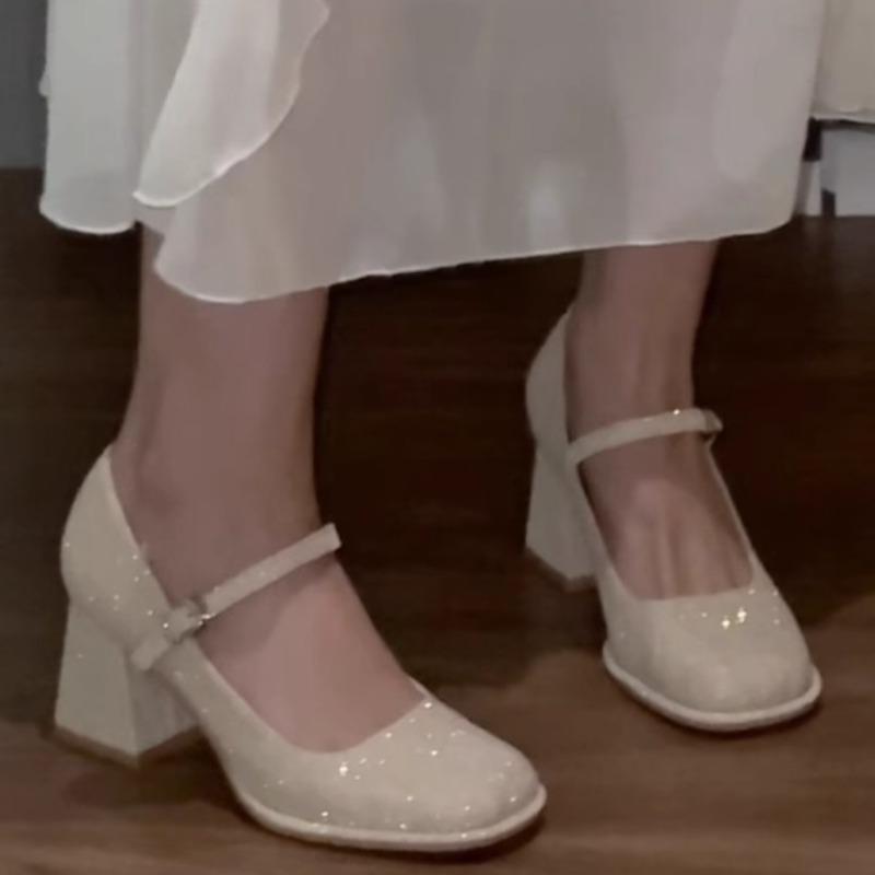 Fashion Women's Spring and Autumn New Round Toe Shallow Mouth Anti-slip Wear-resistant Mary Jane Shoes Block Heel High Heels