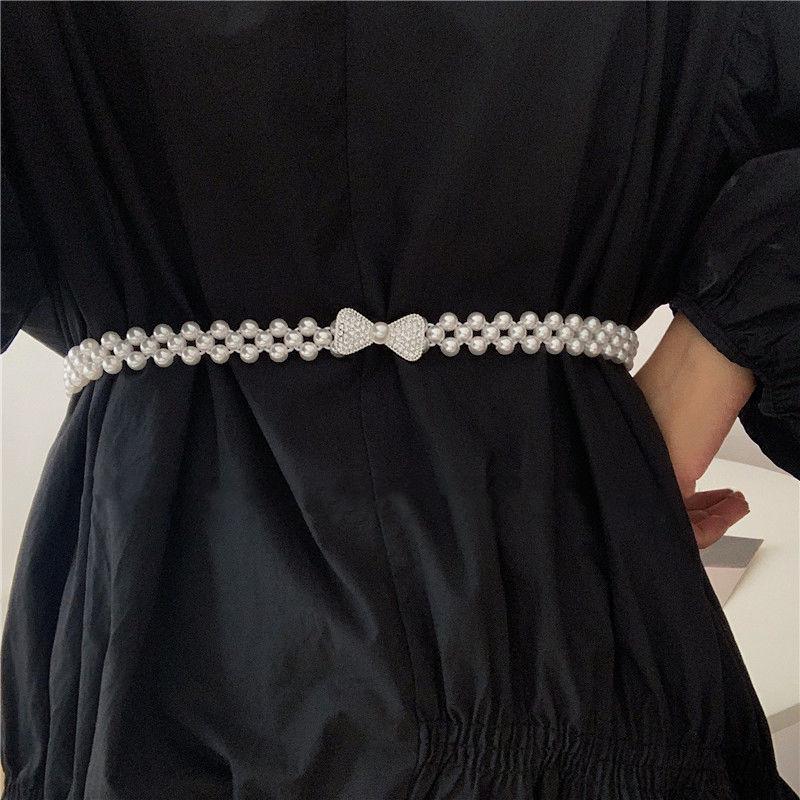 Women's Pearl Elastic Waist Chain for Hanfu and Korean Style Outfits - Versatile Woven Beaded Slimming Accessory