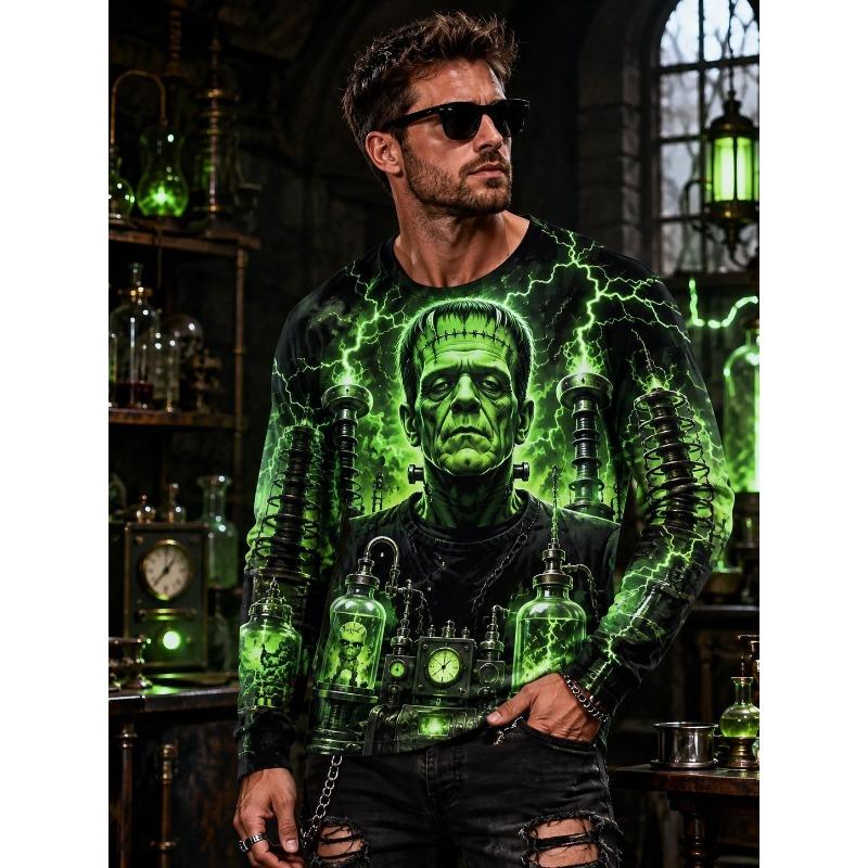 Autumn and Winter Men's 3D Printed Crew Neck Long Sleeve T-Shirt Halloween Dress Up