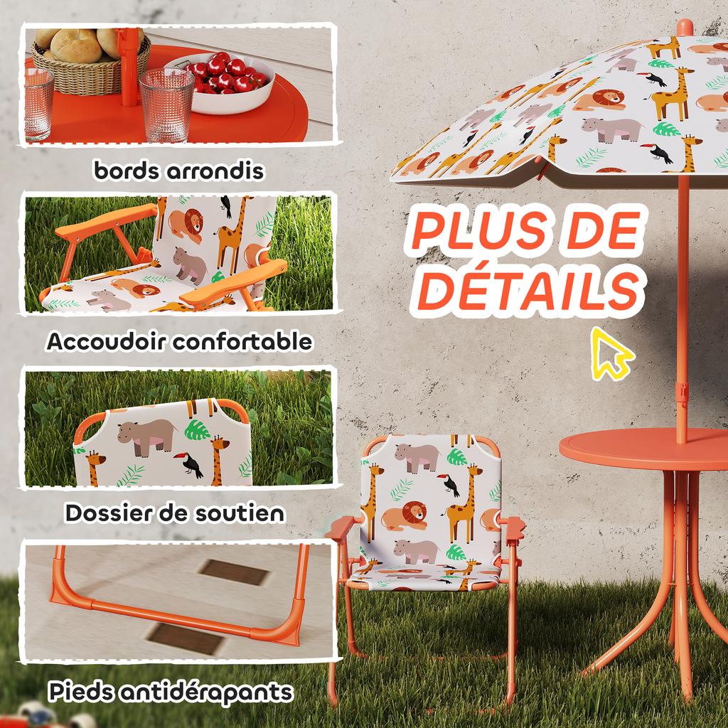 Children's Garden Furniture Set, Table, 2 Folding Chairs, 100 Cm Parasol, Animal Print, Orange
