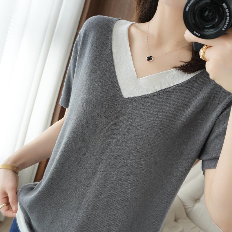 

Женская летняя футболка с V-образным вырезом из чистого хлопка, имитирующая двойку, с короткими рукавами, удобная, модная и универсальная, модный базовый топ с рукавами до локтя XXL