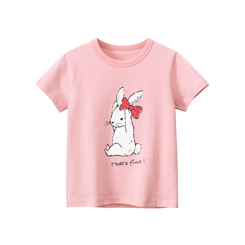 2026 Summer Cartoon Rabbit Print Children's Pure Cotton Pink Short-Sleeved T-Shirt Korean Brand Children's Clothing Girls' Tops