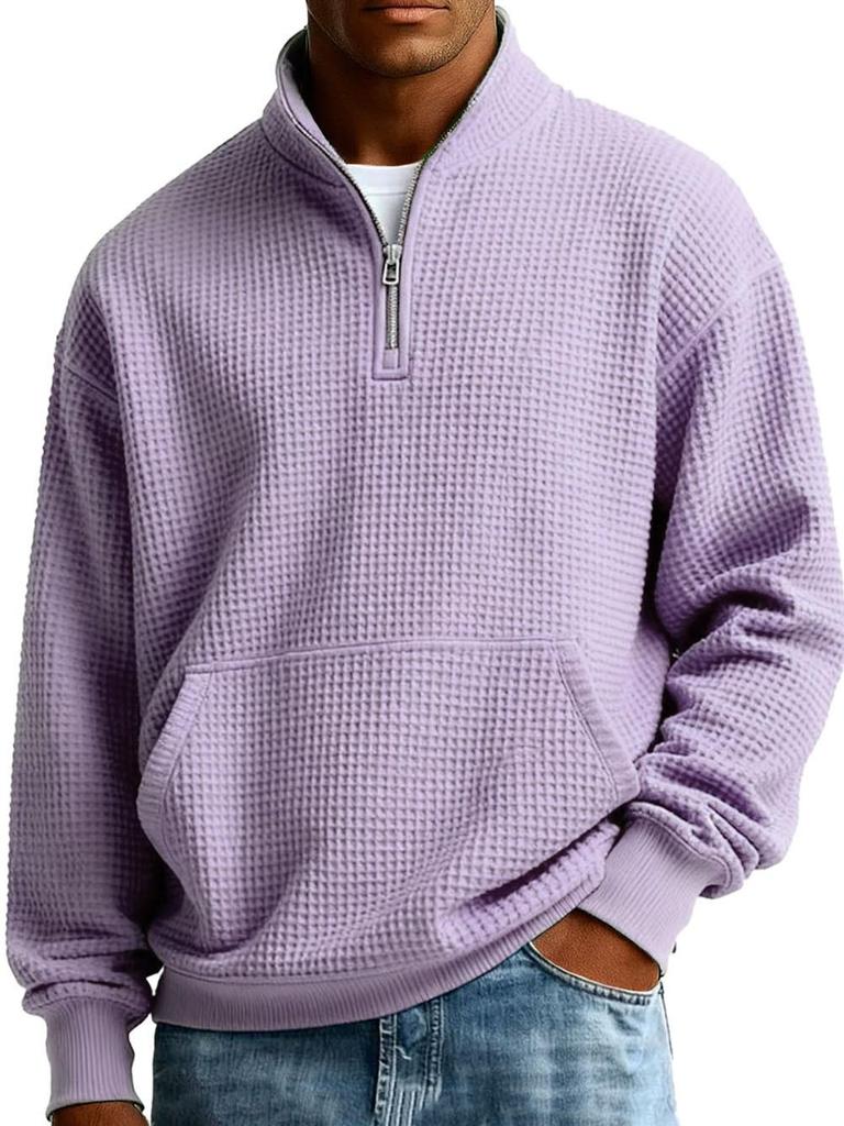Men's American-Style Zipper Waffle Knit Hoodie - Solid Color, Loose Fit