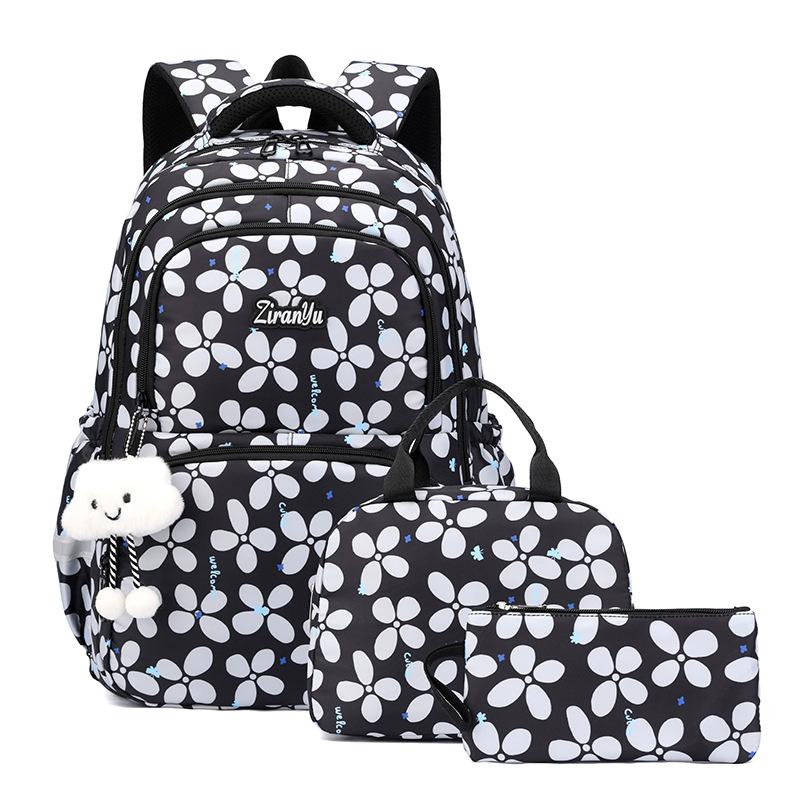 3 stuks/set Basisschool Rugzak voor Meisjes Boekentas Lunchtas Etui Set Bloemen Schooltas voor Kinderen Leuke Kleine Poppen black