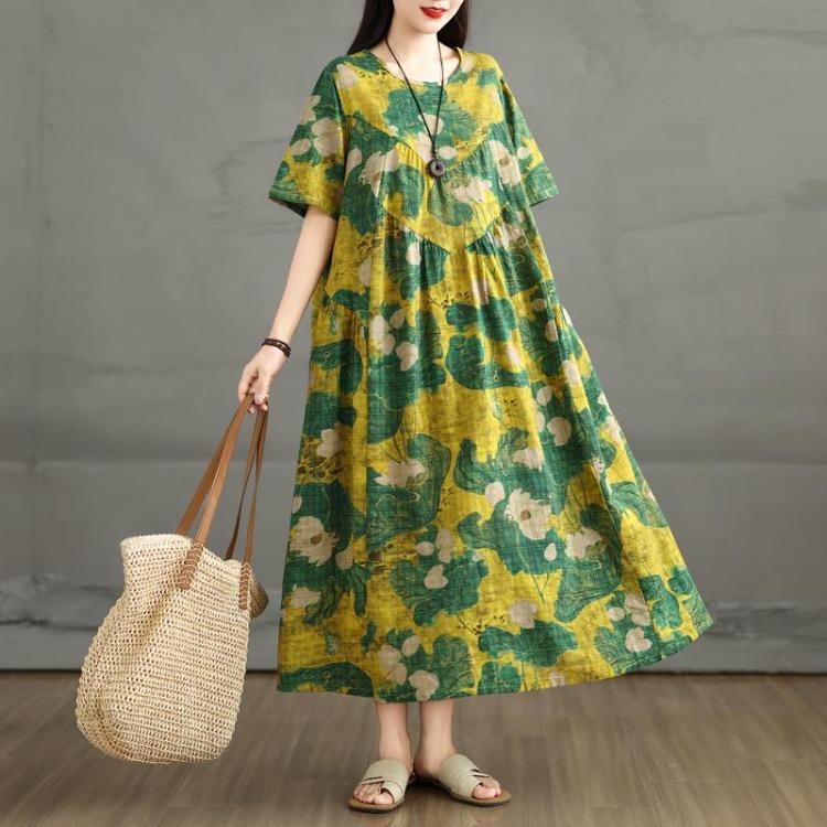Summer Floral Maxi Dress Women Plus Size Vintage Linen Loose Elegant Basic Casual Dress New