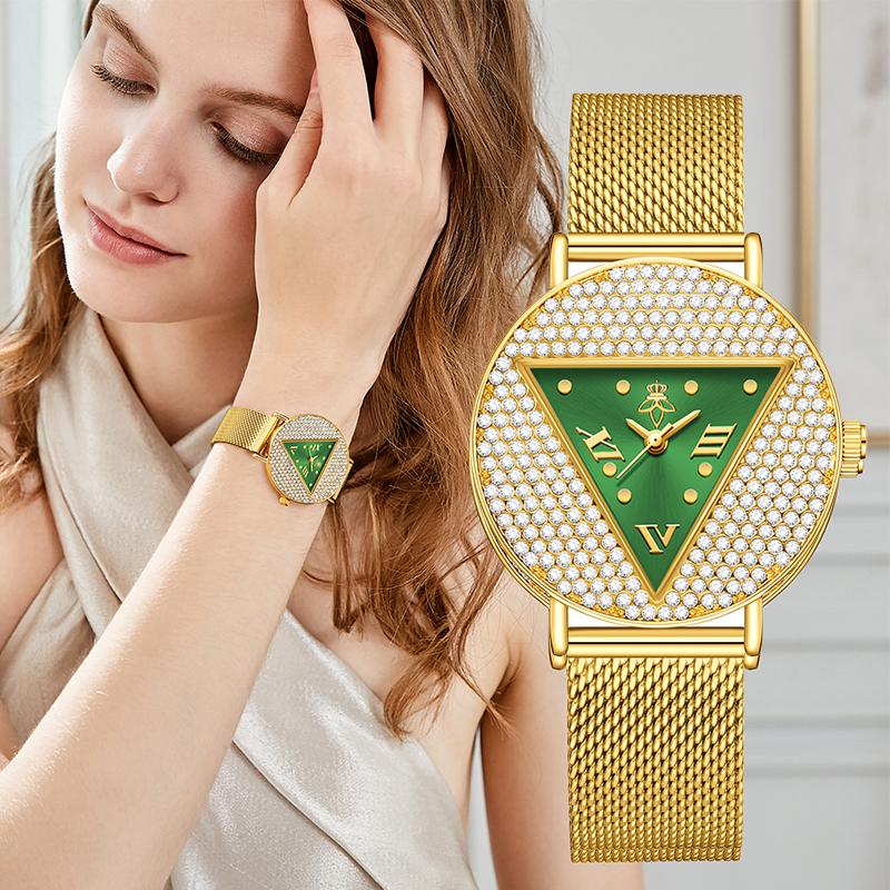 Women Luxury Crystal Triangle Dial Quartz Watch Gold Mesh Bracelet Elegant Ladies Wristwatch With Gift Box YaLaLuSi