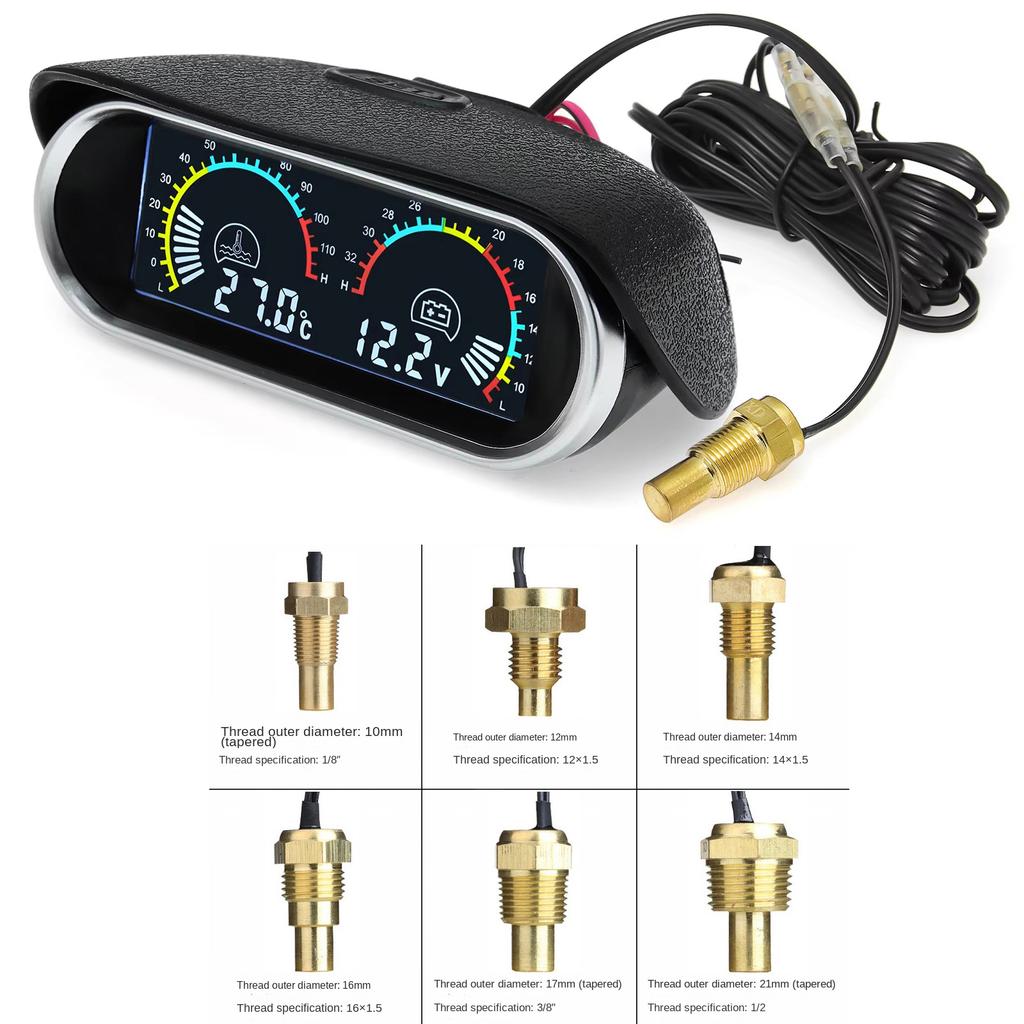 2 in 1 LCD Digital Car Truck Gauge Water Temp Meter Voltmeter with 1/8 NPT Temp Sensor 12V 24V Universal Auto Accessories
