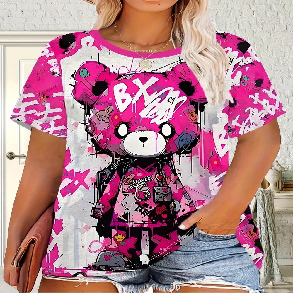 Women s Loose Pink Crew Neck Short Sleeve T-Shirt with 3D Graffiti Bear and All-Over Graffiti Print XXS