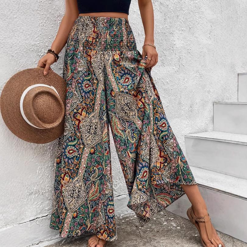 2025 Bohemian Wide-Leg Pants: Retro Colorful Print, Casual High-Waisted Loose Fit
