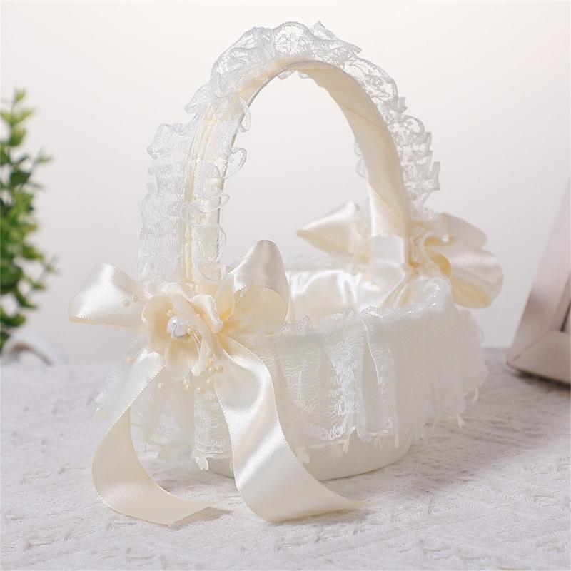 Wedding Flower Girl Basket with Lace Trim Handle Bowknot Flower Baskets for Wedding Ceremony Party Floral Arrangement