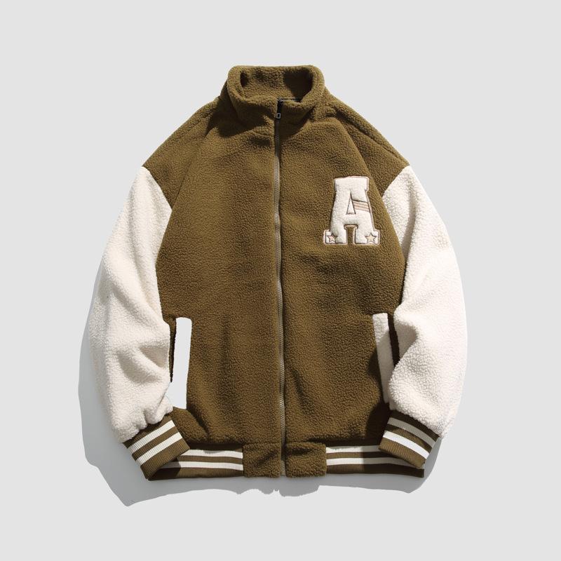 Lamb Fleece Baseball Jacket Men's New Autumn and Winter Warm Trendy Letter Embroidery Loose Casual Stand Collar Cotton Jacket