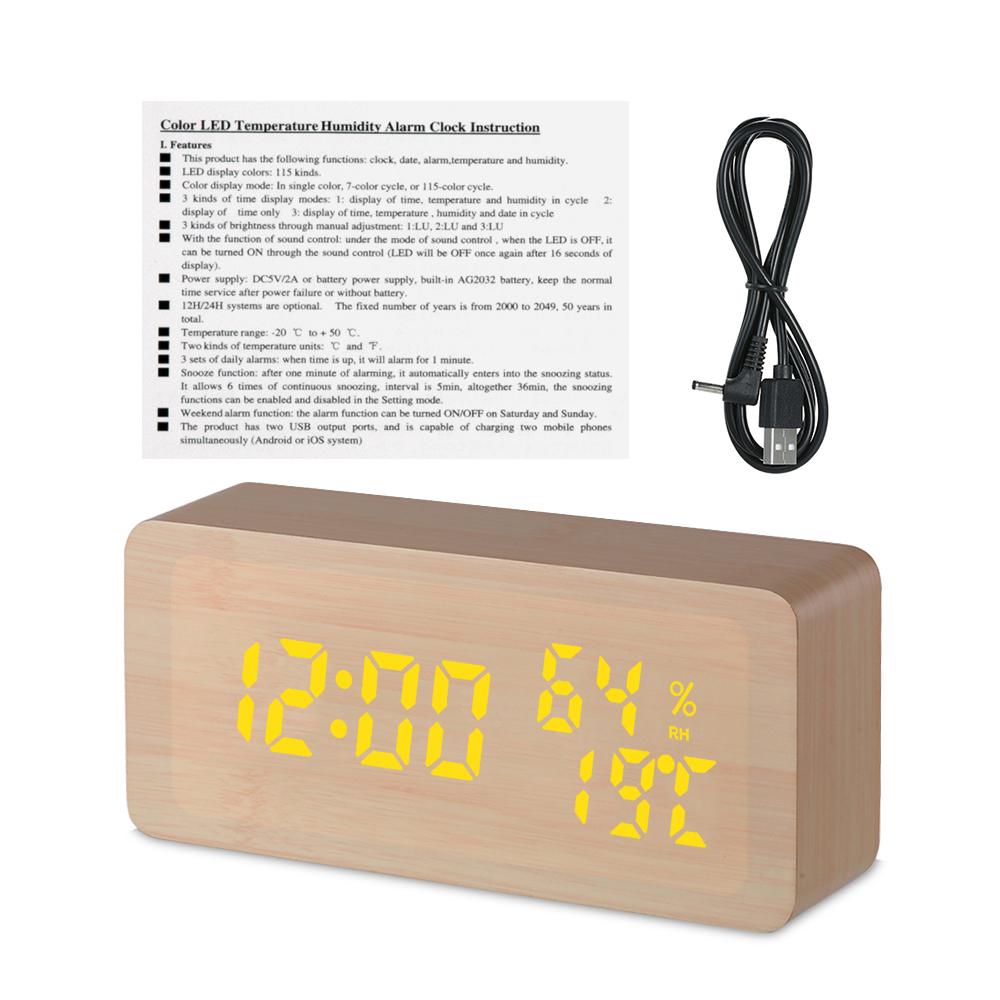 Wooden Alarm Clock 115-Colored Time/ Humidity/ Temperature/ Date Display Wood LED Digital Desk Clock Adjustable Brightness Voice Control Snooze