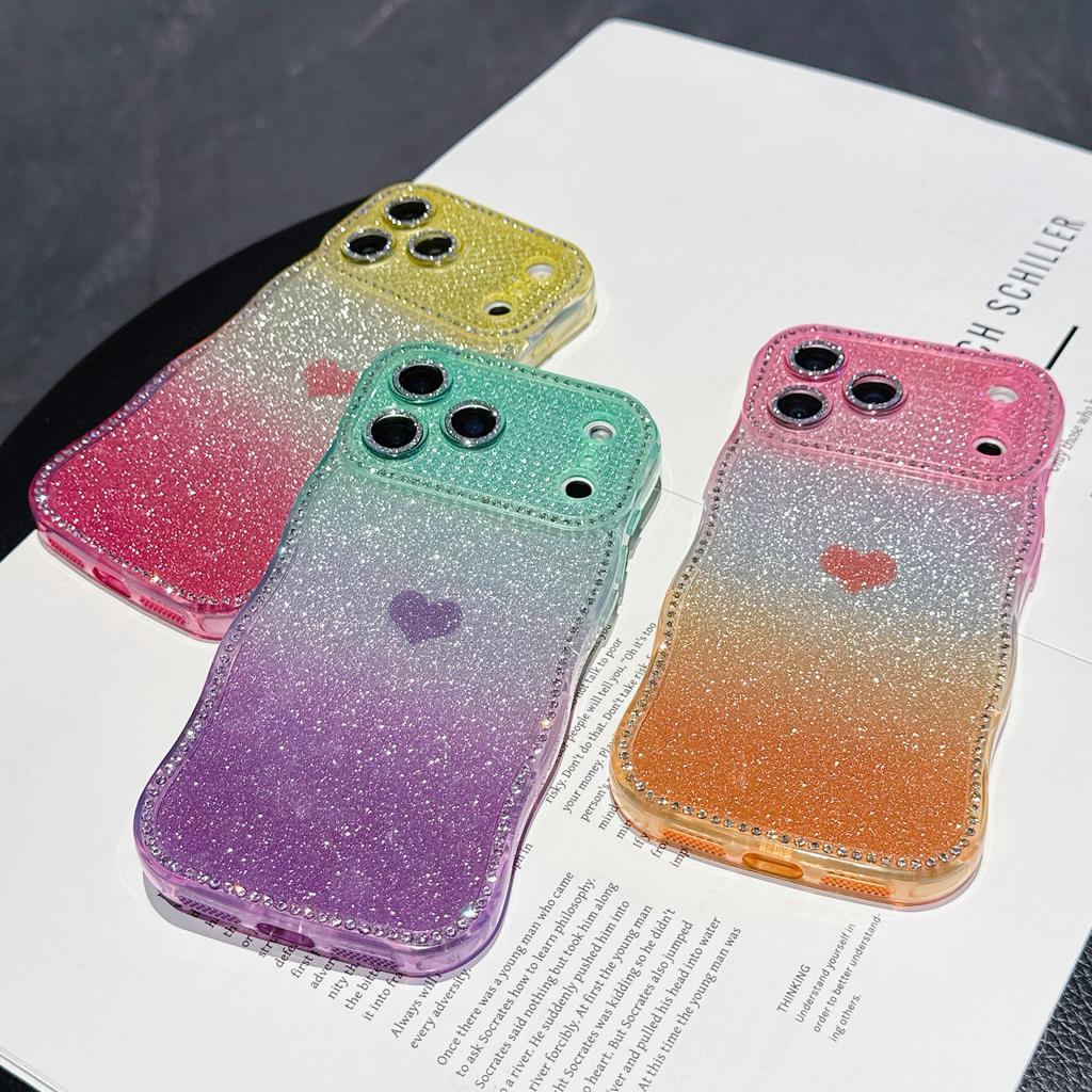 For iPhone 17 Pro Case Sparkle Rhinestone Decor TPU Phone Cover with Glitter Gradient Card