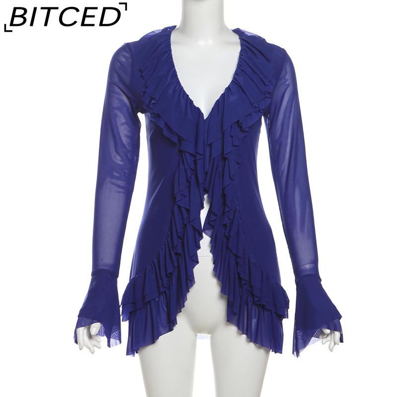 BITCED Fall Women's Solid-Color Slim-Fit Streetwear V-Neck Long-Sleeve Mesh Top