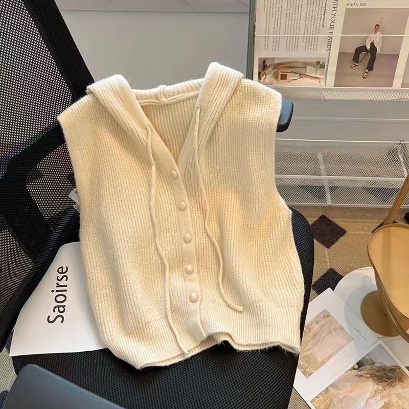 Spring and Autumn Casual Style Drawstring Hoodie Knitted Waistcoat Tank Top Stacked Solid Color Simple Women Sense of Loose Vest