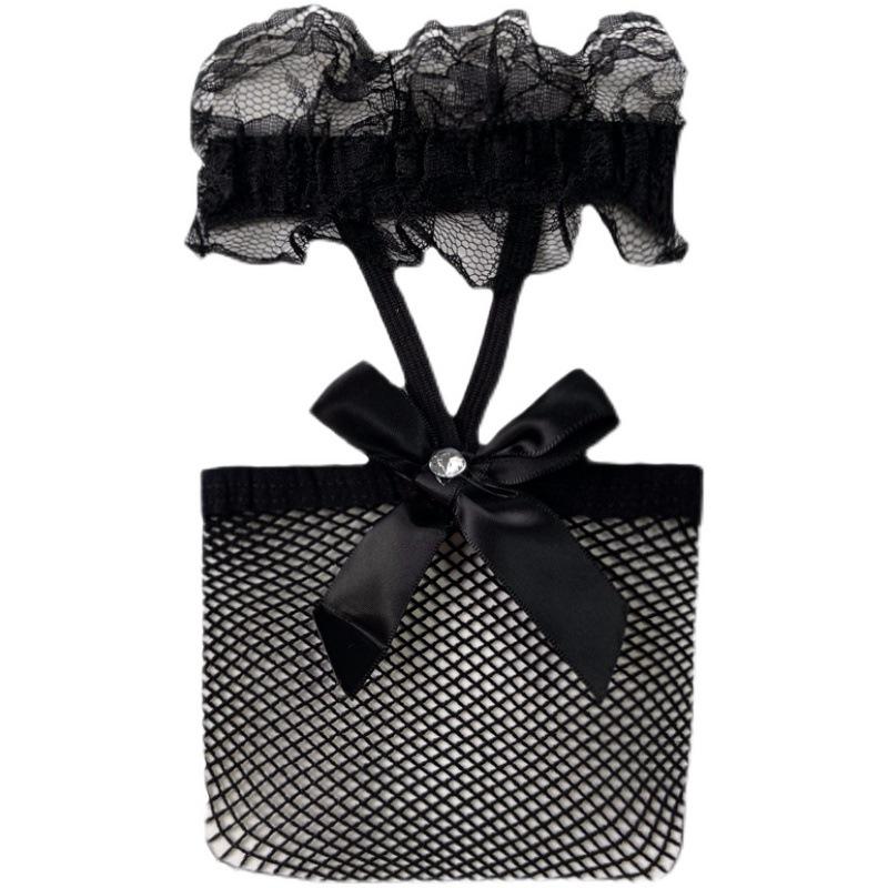 Black Lace Bow Garter Stockings - Over-the-Knee Fishnet for Women