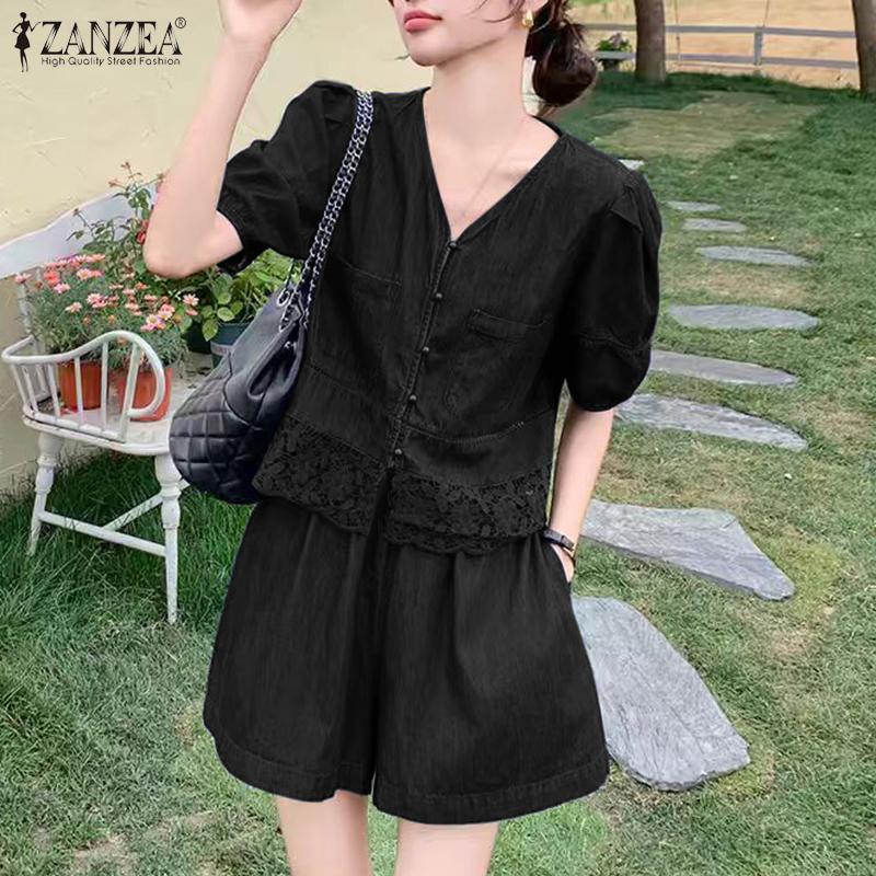 ZANZEA Women Lace Patchwork Short Sleeve Blouse and Shorts Summer Two Piece Suit Sets