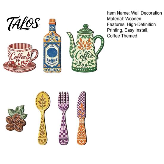 Dining Room Wall Accents 7Pcs Coffee Themed Wooden Decor, 2D Flat Farmhouse Kitchen Art Retro Sign Plaques, Country Style Ornaments for Cafe