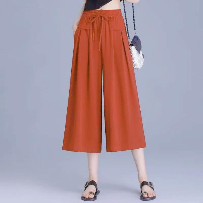 2025 Summer High-Waist Ice Silk Cropped Wide-Leg Pants - Korean Style, Casual, Loose, Lightweight Women's Skirt Pants