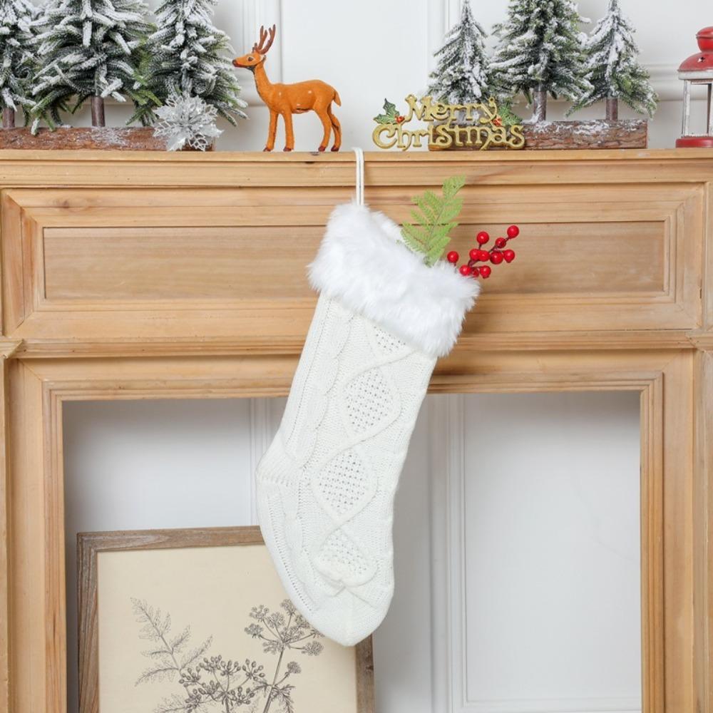 With Fluff Knitted Christmas Stocking Solid Color Large Size Christmas Gift Bag 18 Inches Christmas Tree Ornaments Fireplace