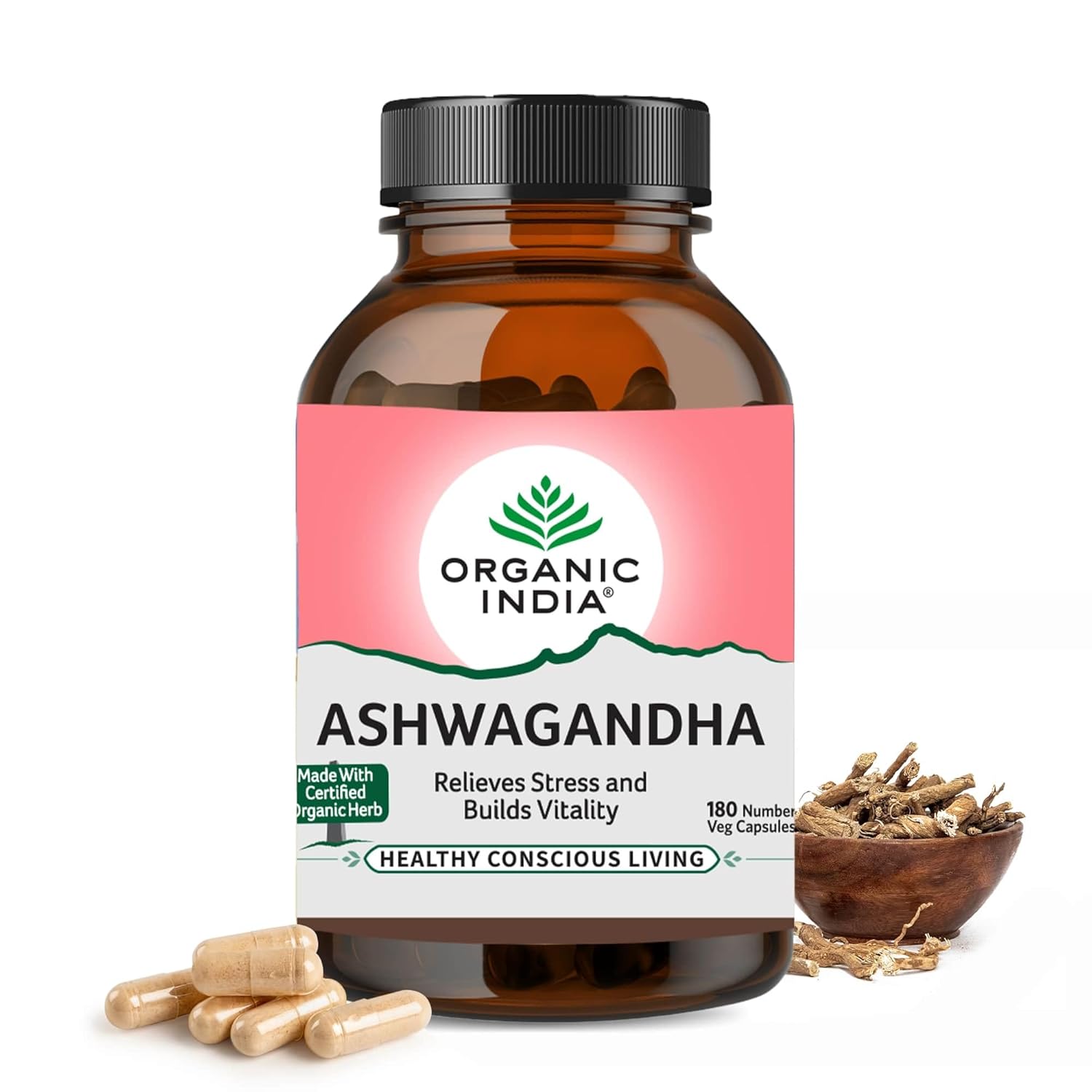 

Organic India Ashwagandha Capsules 180 Caps Natural Vitality Support Veg Supplement for Daily Wellness and Energy