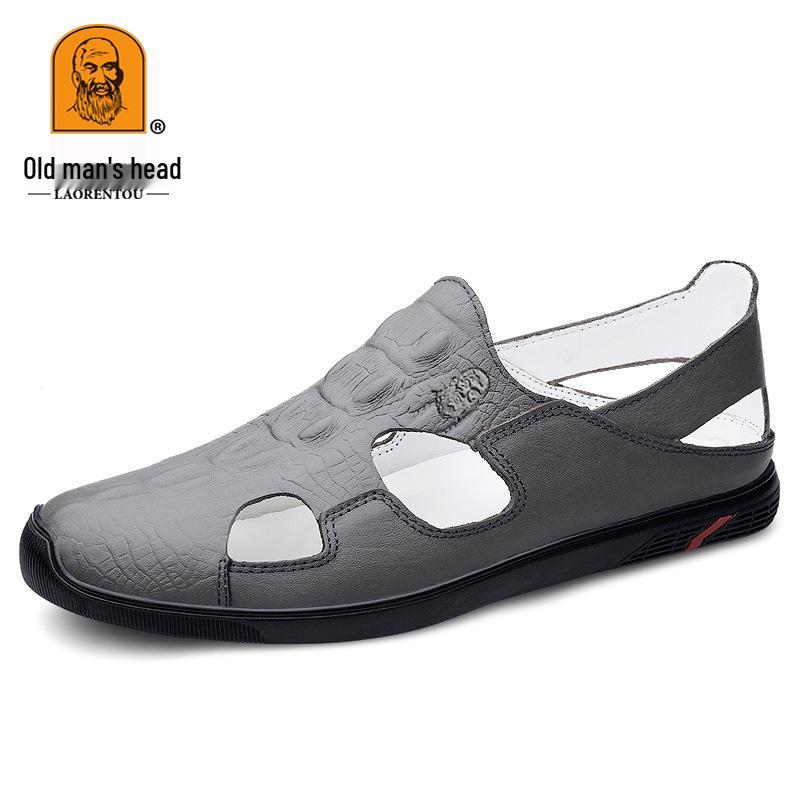 Men s Leather Open-Toe Slip-On Sandals with Breathable Anti-Slip Soles 45