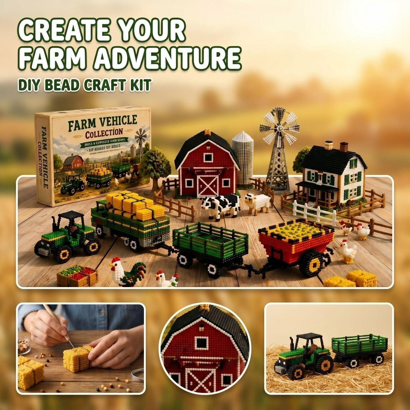 Farm Vehicle Collection DIY Bead Craft Kit Includes Barn Silo Tractor Trailer and Cargo Accessories for Creative Assembly and Display One Size