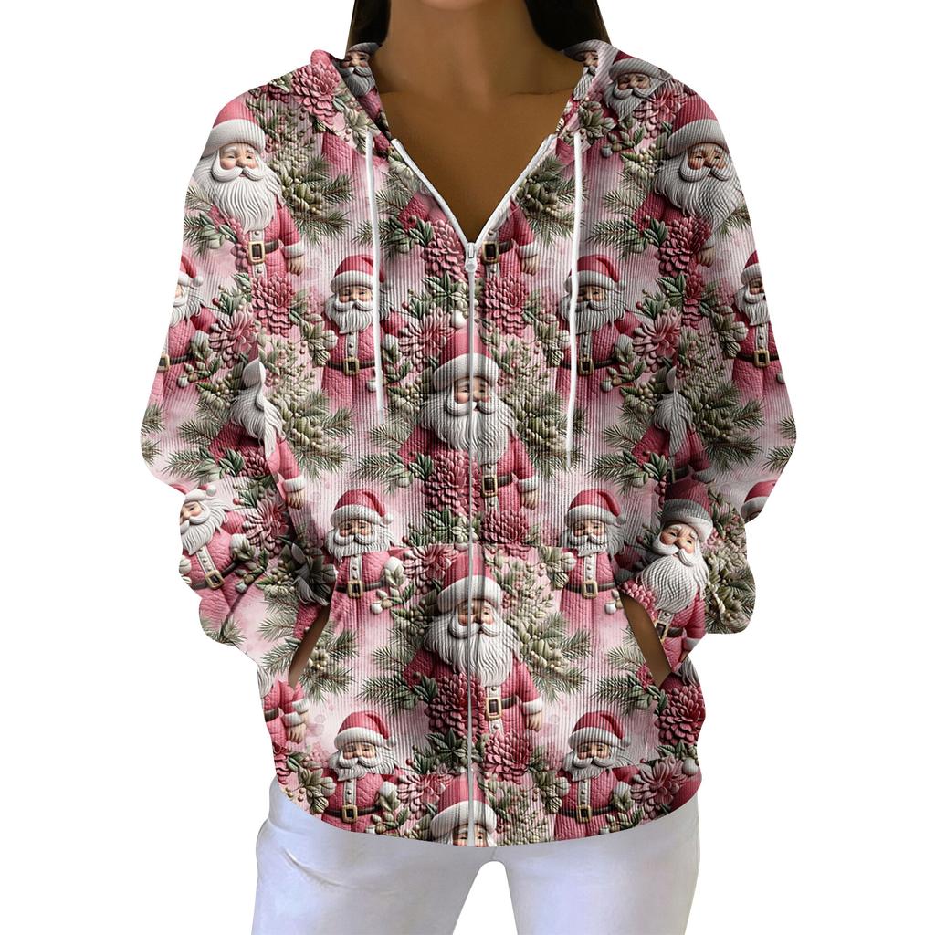 Women's Casual Fashion Long-Sleeved Zip-Up Christmas Print Knitted Hoodie