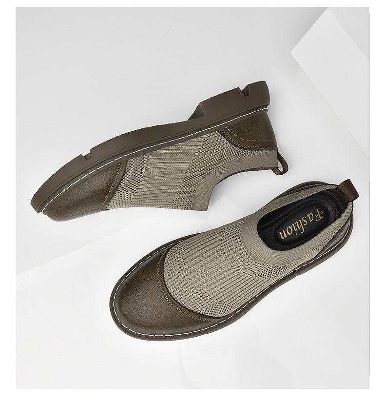 Men's Breathable Knit Mesh Slip-on Loafers - Spring/Summer Casual Low-top, Patchwork Design, Hidden Height Boost, Leather Details