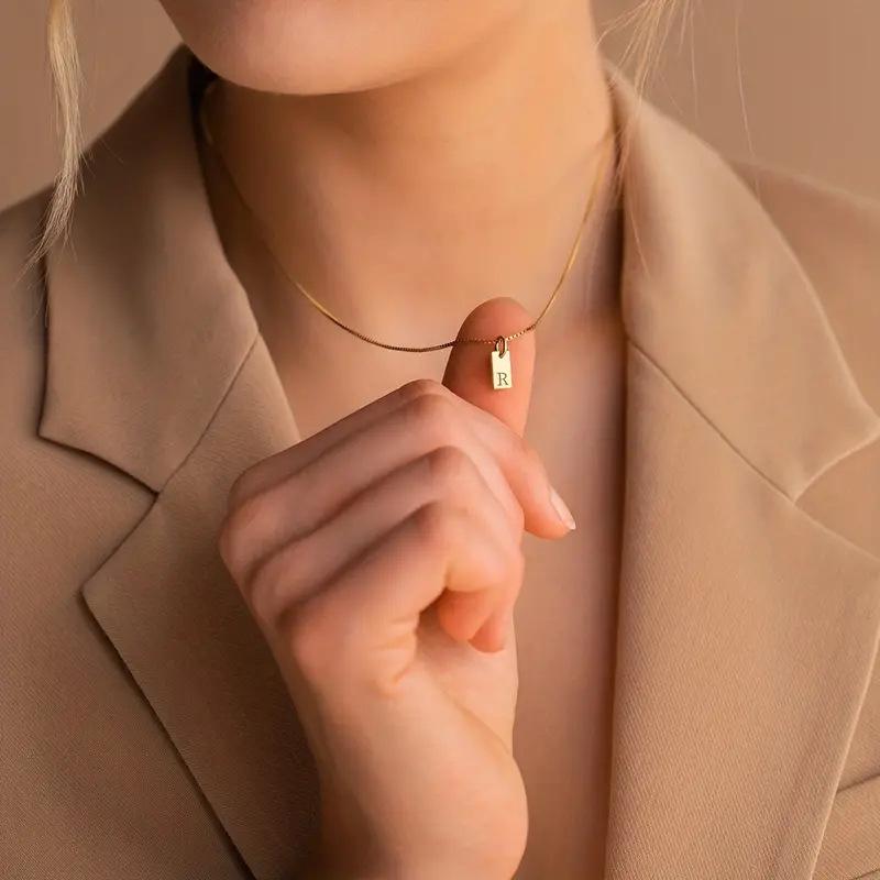 Exclusive 18K Gold Vacuum-Plated Stainless Steel Engraved Square Pendant Necklace with Alphabet Letters
