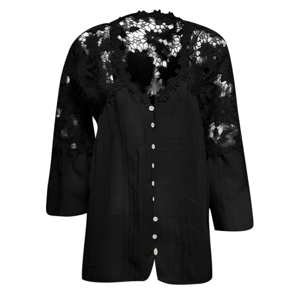 Womens Fashion Hollow Lace Stitching V-neck Flared Long Sleeve T-Shirt Tops
