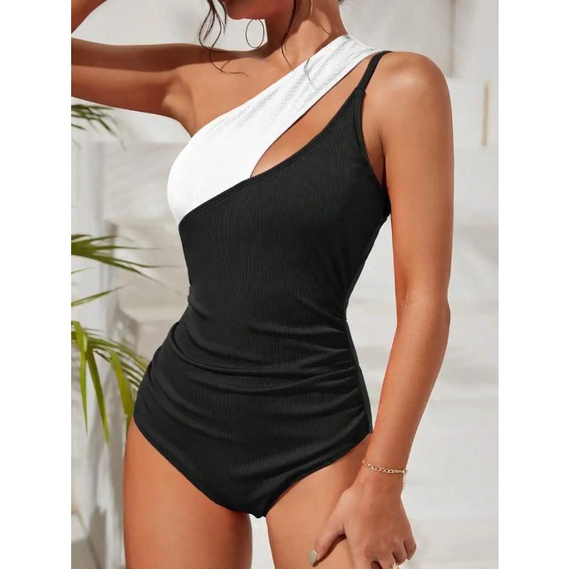 2025 Two Tone One Shoulder Ruched Side Swimsuit One Piece Swimwear Women Sexy Bather Bathing Swimming Swim Suit Female Beachwear