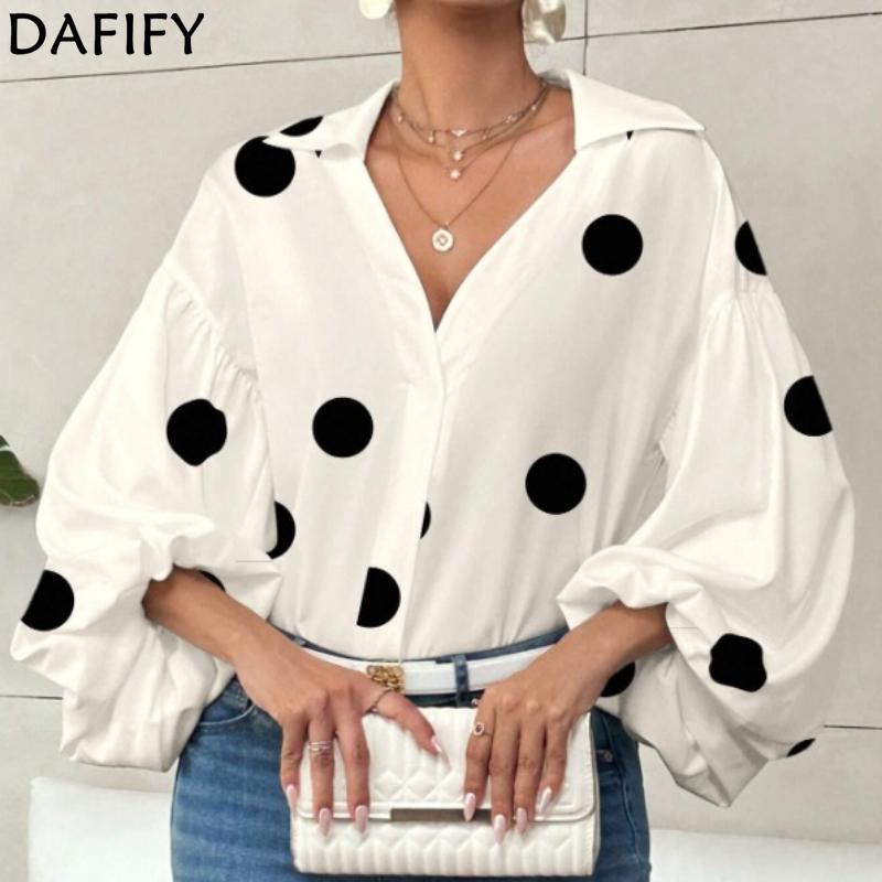 DAFIFY Mote Casual Vår Høst Polkadotter Trykk Langermet POLO Hals Bluser & Skjorter for Kvinner