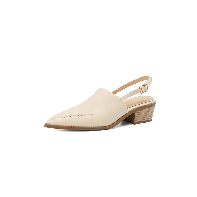 Fashion NEW Summer Women Sandals Genuine Leather Shoes for Women Pointed Toe Chunky Heel Shoes Simple Cover Toe Slingback Buckle Sandals